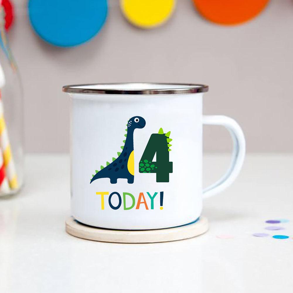 Number 1-9 Boys Dinosaur Enamel Mugs Creative Cartoon Animal Kids Dessert Juice Cola Cups Kindergarten Baby Child Birthday Gifts