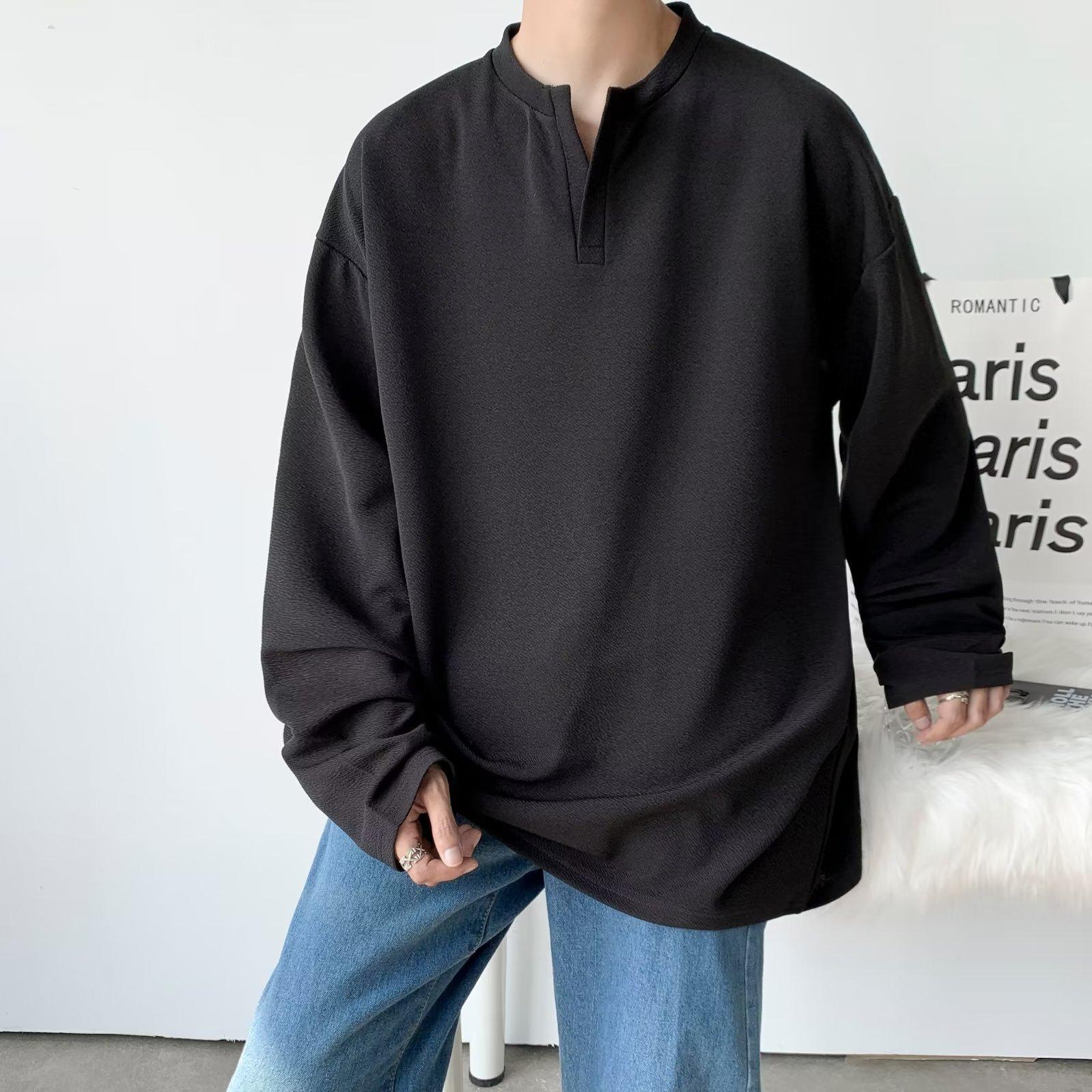 

Мужская пуловер с длинным рукавом с v-образным вырезом, верхняя рубашка, модная однотонная повседневная футболка с длинным рукавом XXL чёрный