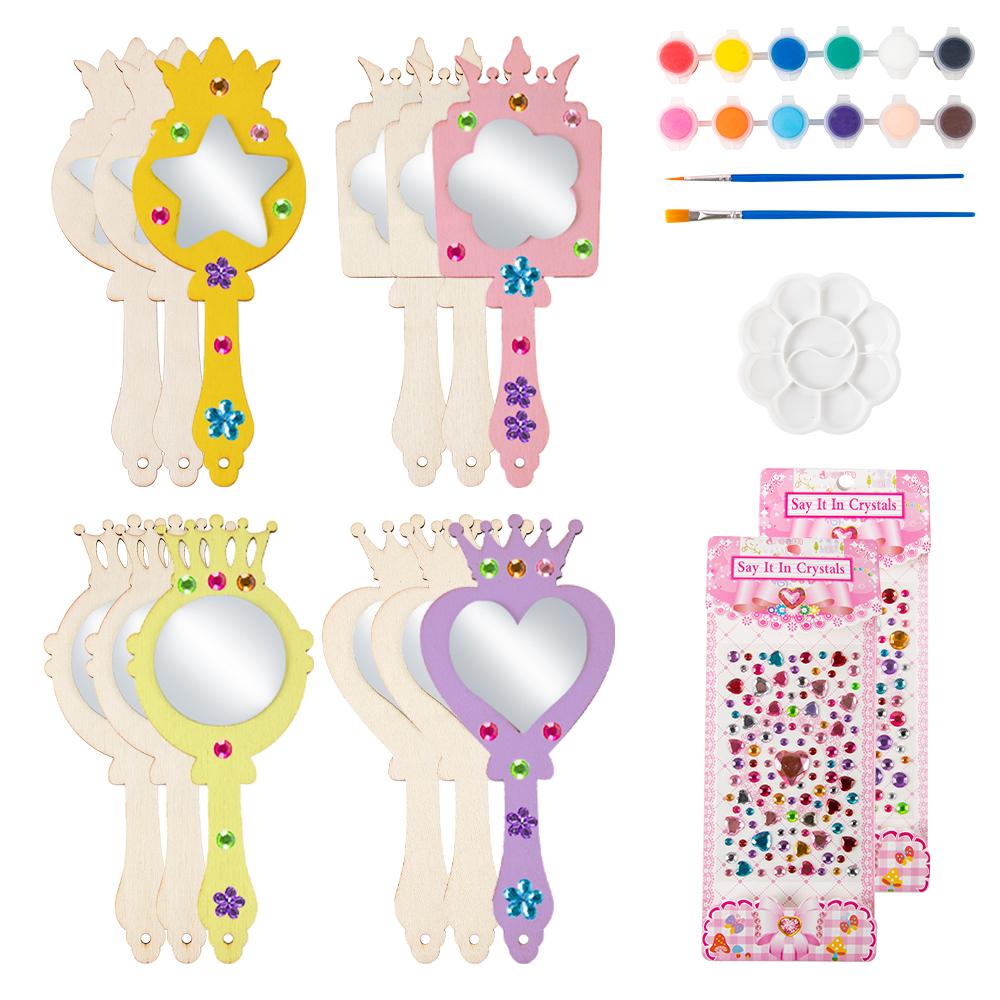 1set DIY Unfinished Wooden Princess Mirror Crafts Mermaid Unicorn Butterfly Shaped Blank Mini Handheld Mirror Kids Makeup Toy