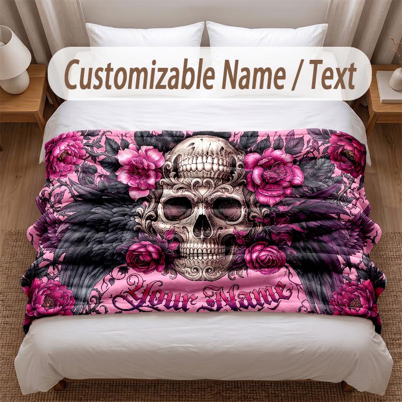 Skull Gothic Theme Soft Blanket Personalized Custom Name Text Print Warm Blanket Home Sofa Bedroom Decor