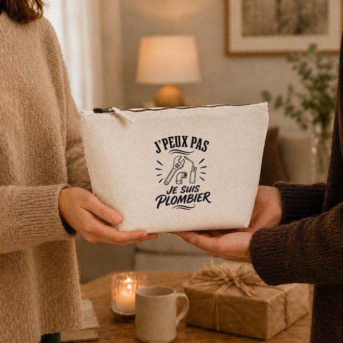 Trousse de toilette - PLANETEE - J'peux pas je suis Plombier (minimaliste) - Beige - 100% coton - 3 L, zip métal