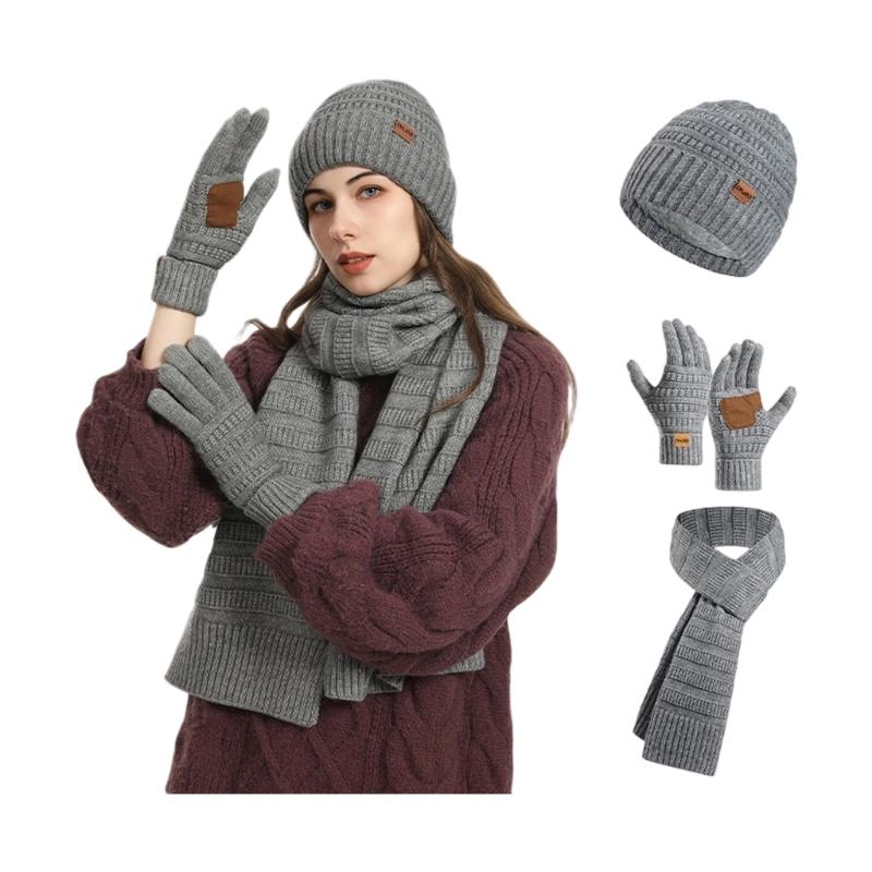 Winter Scarf Hat Gloves Set Acrylic Fibre Warm Accessories For Skiing Hiking Outdoor Activity Cold Weather Essential
