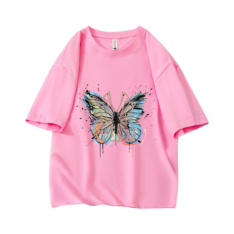 Y2kColorful Butterfly Ink Splash Oversized Short Sleeve O Neck T Shirt Graphic Print 100 Cotton 2000s Women Tops clothes Summer