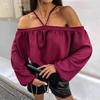 2025 New Sexy Off-Shoulder Halter Long Sleeve Printed Lantern Sleeve Top for Women