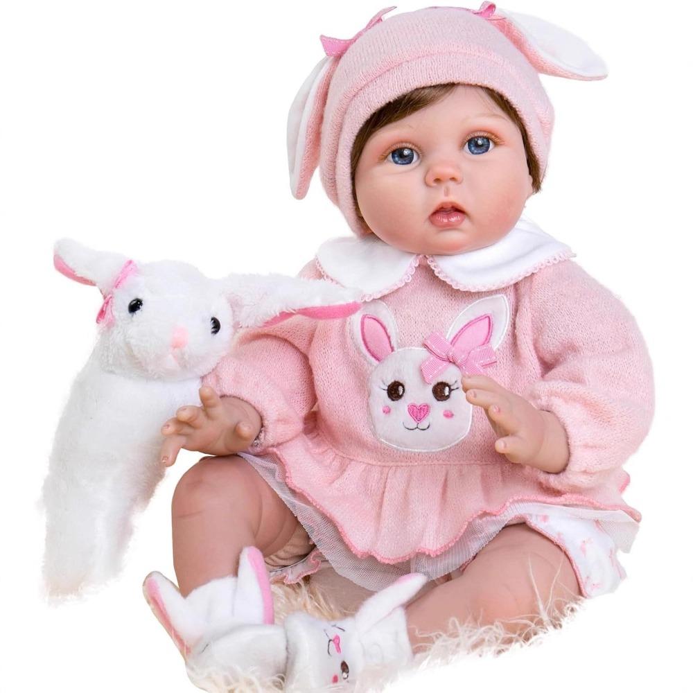 

Cute 22 Inch Rebirth Simulation Dolls Soft Cloth Body Newborn Babies Doll Real Like Baby Toy Dolls with Pink Rabbit Printed Set Toddler Birthday Gift cloth body