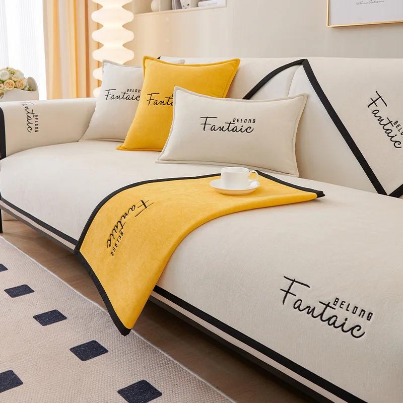 1PC Chenille Sofa Covers Solid Color Nordic L Couch Slipcovers Non-Slip Four Seasons Universal Sofa Pad Mat for Living Room 