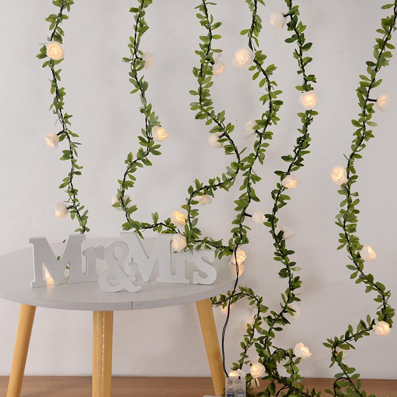 Rose Flower Led Fairy String Lights Artificial Green Leaf Rattan Wedding Birthday Party Home DIY Decoration Christmas Garland