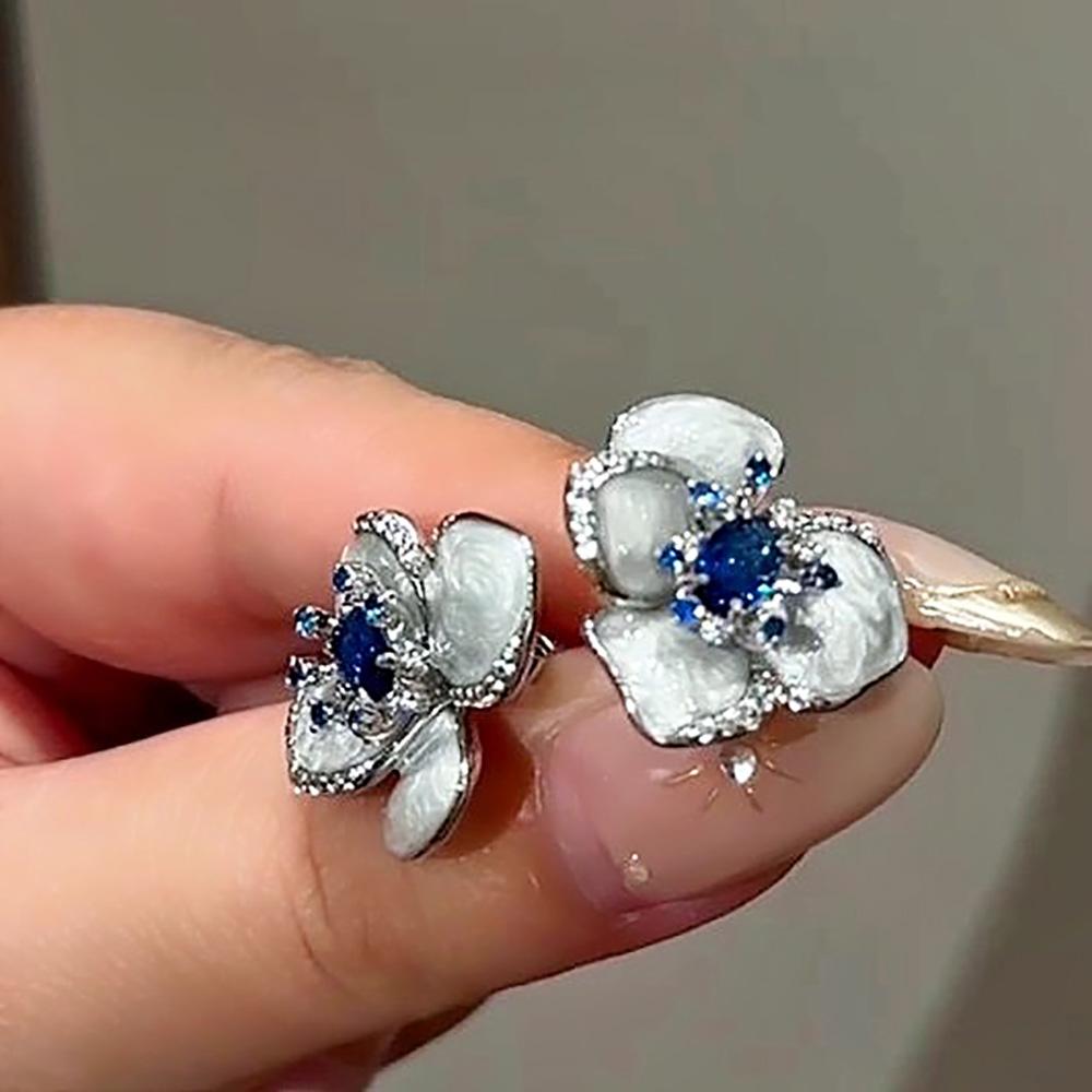 Cute Blue Flower Oil Drip Stud Earring for Women Girl Elegant Crystal Zircon Square Geometric Temperament Fashion Jewelry Gift