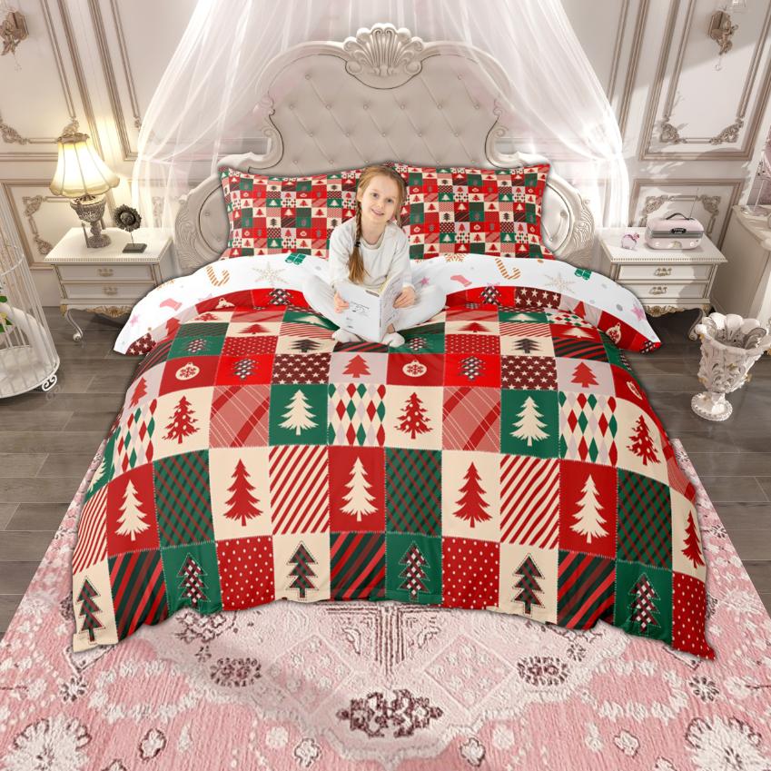 Homewish Kids Merry Christmas Duvet Cover Set, Cute Snowman Santa Claus Bedding, Tree Quilt Cover Set
