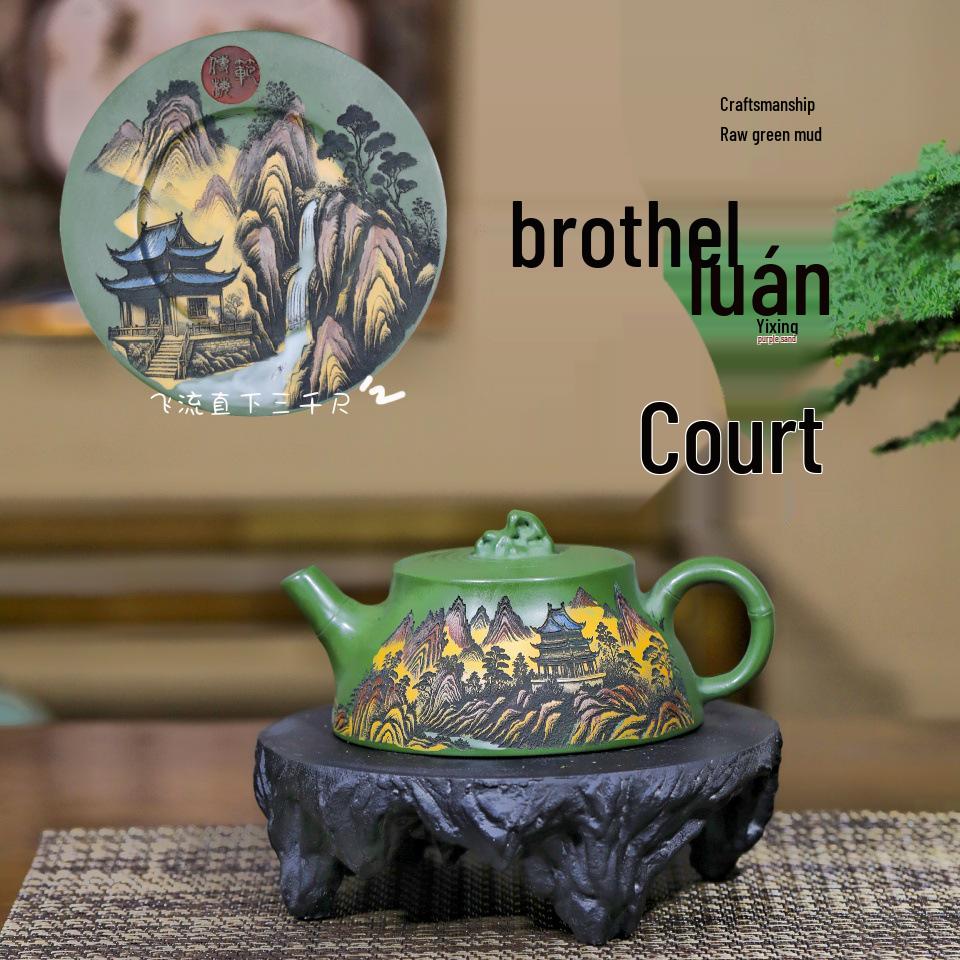 Original Yixing Zisha Green Clay Tea Set by Qingluan Pavilion - Handmade by Renowned Artist 230cc