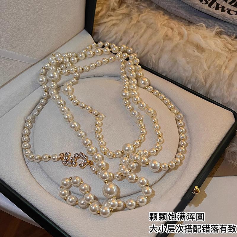 French retro zircon digital pearl necklace accessories women's beaded sweater chain light luxury items