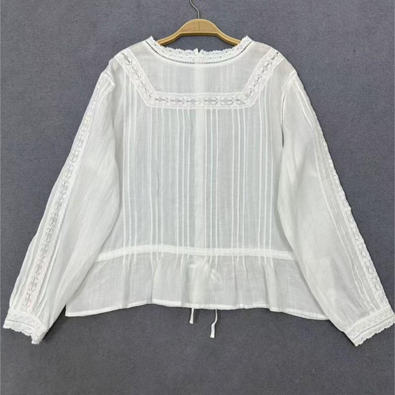 Johnature Japanese Lace Neckline Shirts Spring Summer Pressed Panel Ramie Pullover Thin Loose Casual Shirts Women