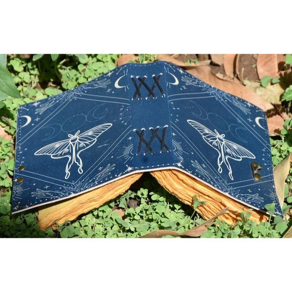 Blank Spell Book of Shadows Vintage Handmade Leather Journal Luna Moth Print 7X5