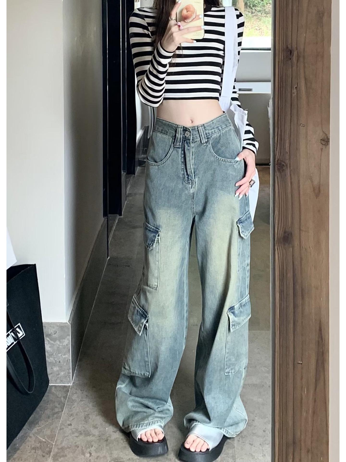 

2025 Джинсы карго с высокой талией и широкими штанинами в корейском стиле для женщин - Приталенные, Свободные, Прямые, Брюки в пол M: Height 155-165cm (95-108lbs)