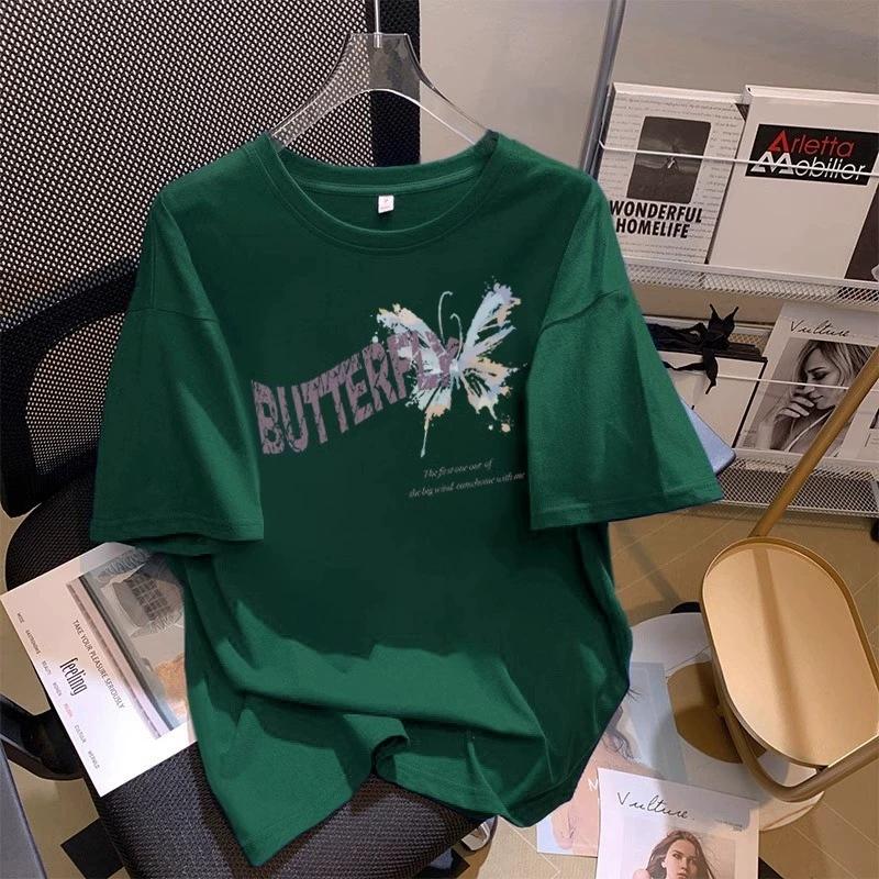 Butterfly Printed Cotton Short-sleeved T-shirt Women's Summer New Design Sense Fashionable Versatile Large-size Half-sleeved Top