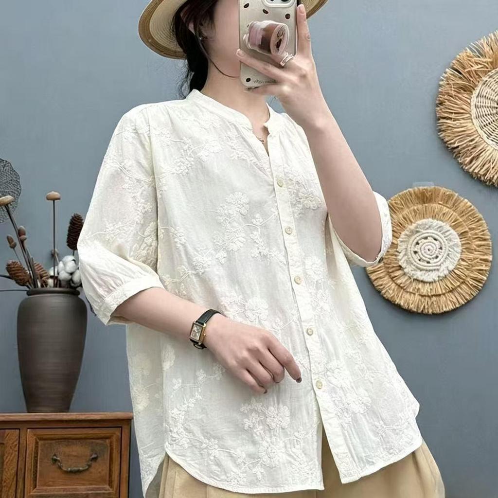 Pure cotton 1116 summer new women's large size loose and thin V-neck embroidered shirt foreign style casual 100 design sense
