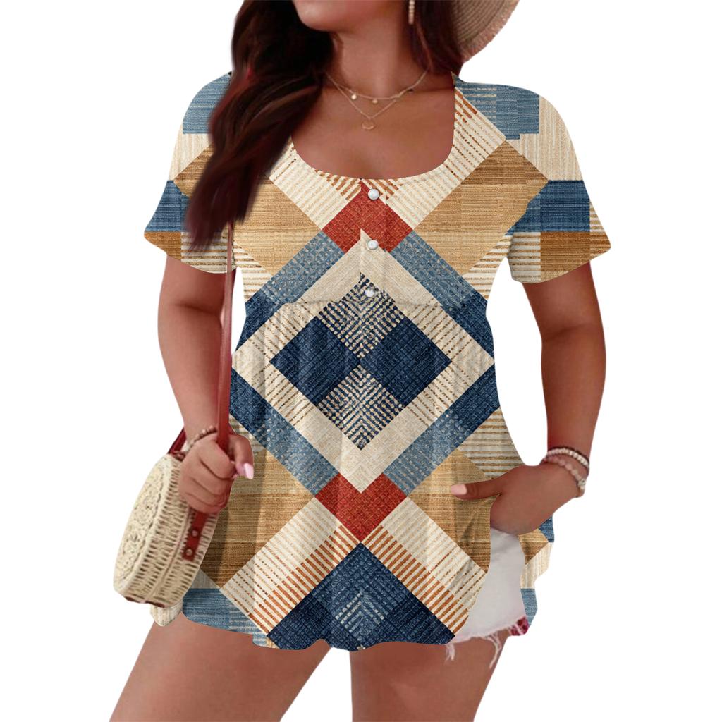 Women's Fashionable Casual Short Sleeve Loose Fit Button Front Printed Blouse