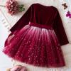 3-7 Years Kids Girls Starry Sky Style Mesh Skirt Dress Long Sleeve Bow Dress