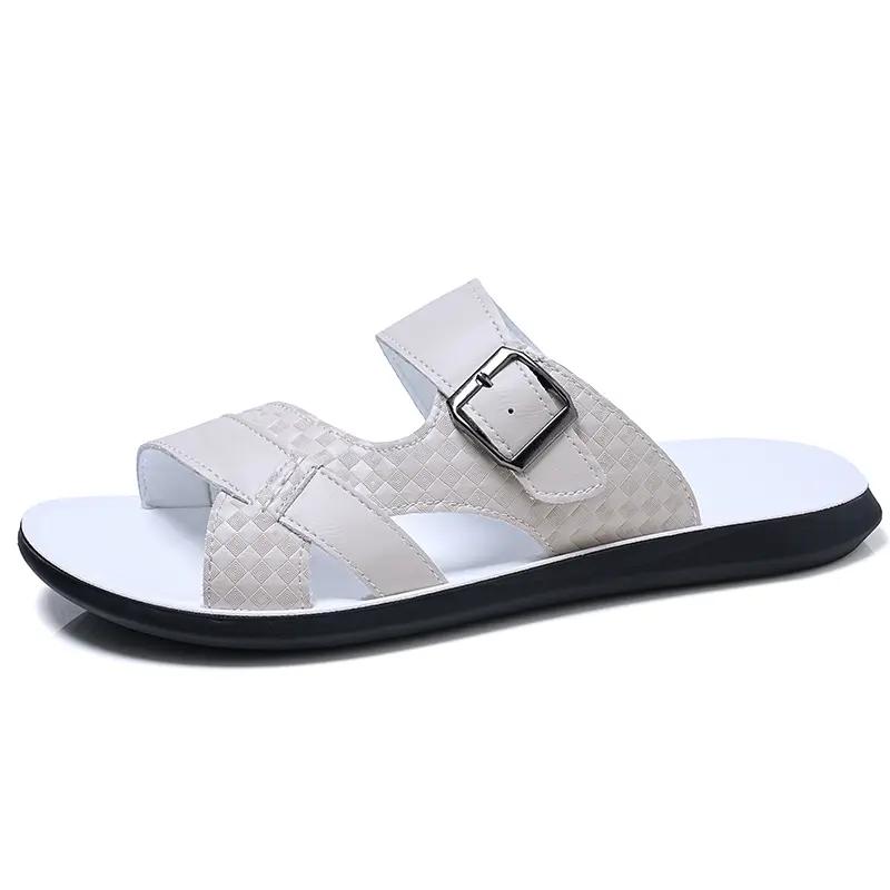 Men's Leather Slide Sandals Adjustable Buckle Casual Non-slip Summer Beach Slippers