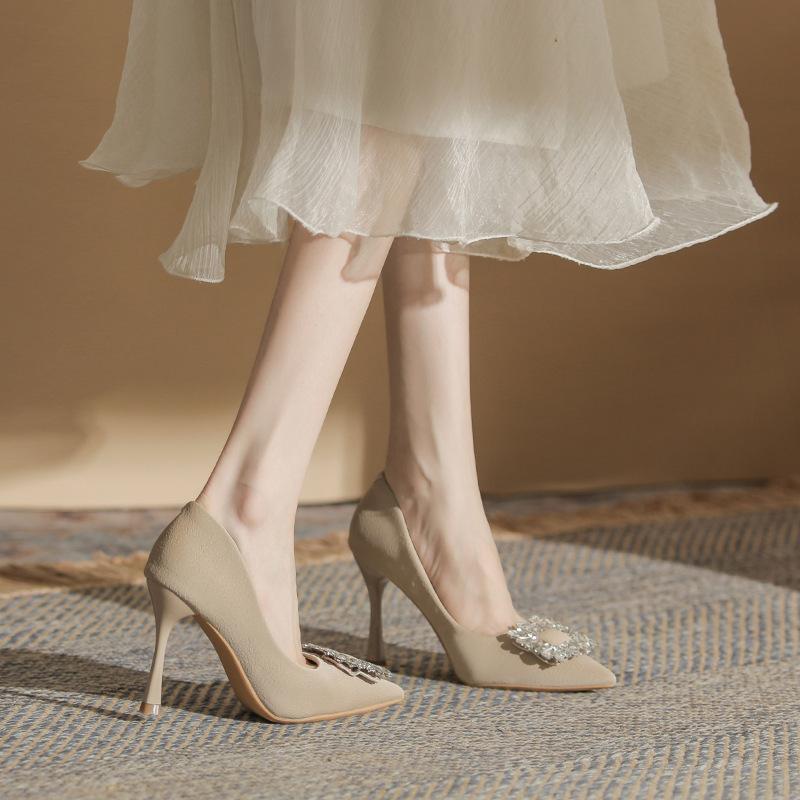 French high heels women's spring and summer new temperament soft leather non-grinding feet pointed thin heel rhinestone square buckle shoes