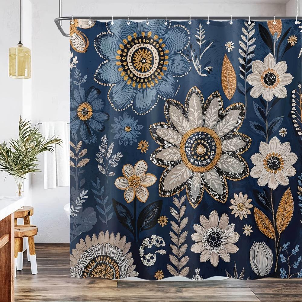 

Bohemian Floral Blue Background Washable Dirt-Resistant Shower Curtain Shower Head Waterproof Polyester Bath Curtain W60H190(CM)-1 Pcs