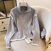 Grey Half-zipper Pullover Sweater Women's Autumn Loose Lazy Style Knitted Top