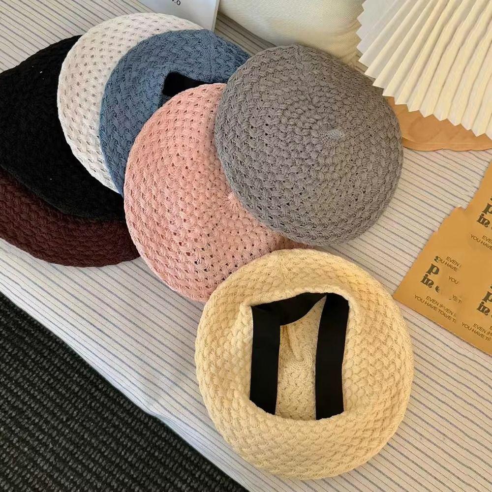 New Solid Color Knitted Beret Hat Stretch Breathable Crochet Painter Cap French Beanie Hat Women Fashion