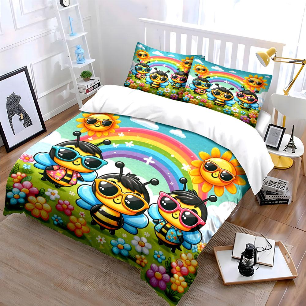"Cheerful bees with rainbows" Bedding sets Duvet covers Pillowcases(1* Duvet Cover 2* Pillowcases without duvet insert)