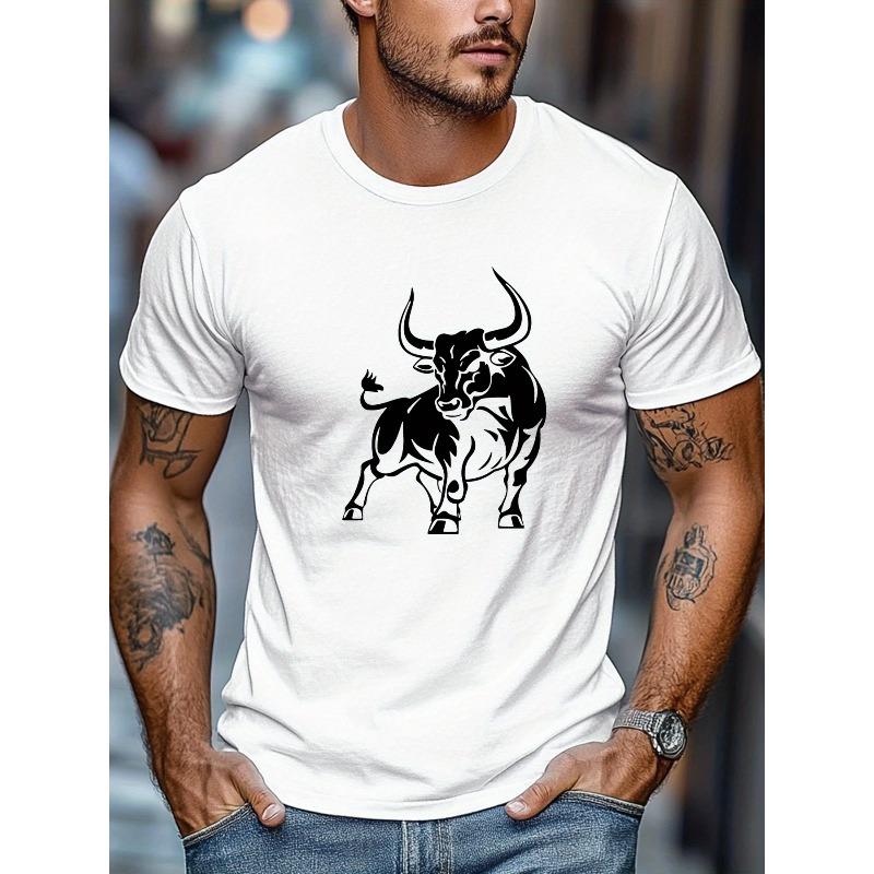 Men S White Bull Graphic Summer Casual Short-Sleeve T-Shirt S