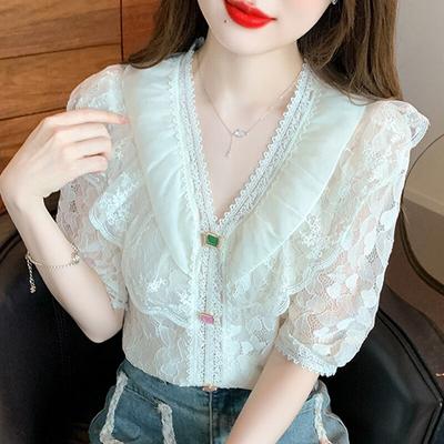 Sommer Elegante Spitze Chiffon Bluse Und Hemd Für Frauen 2023 Casual Rüschen Kurzarm Top Süße Damen Lose Taste Hemd 27045