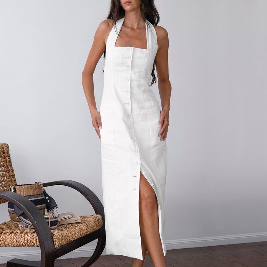 In Stock Summer Stunning Vacation Halter Backless Dress All Cotton High-End Feel Slim Fit Long Dress
