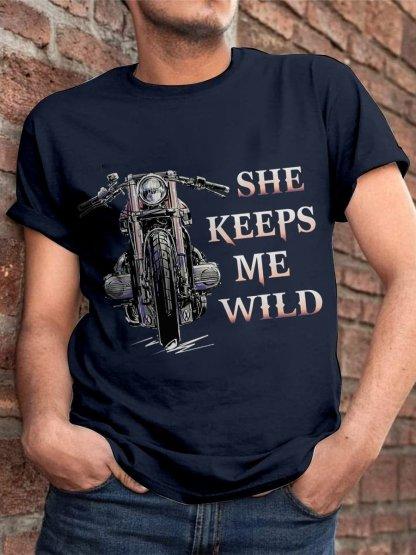 Couple Motorcycle She Keeps Me Wild Graphic Unisexs Short Sleeve Tshirt