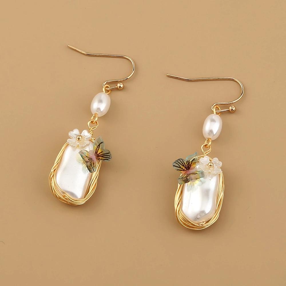 Brincos de borboleta de pérola barroca, moda retrô, brincos elegantes, borboleta, pérola, brinco pendurado, joias, presente para mulheres