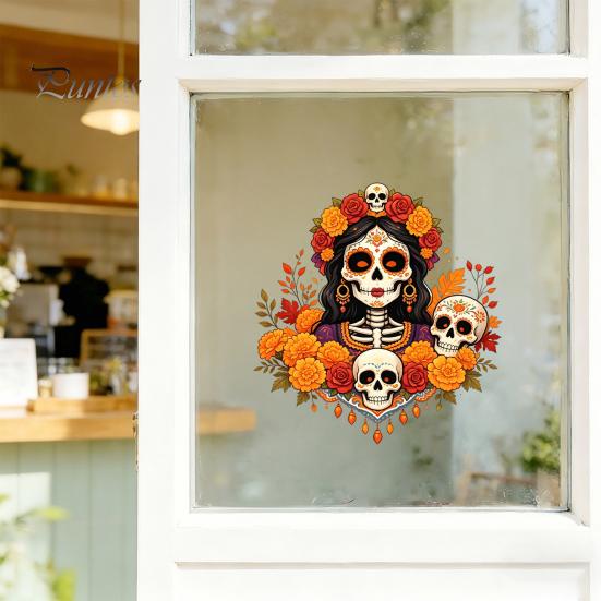 Festive Indoor Outdoor Window Art Day of The Dead Clings, Dia De Los Muertos Sticker, Colorful Decorative Film for Parties Sugar Skull with