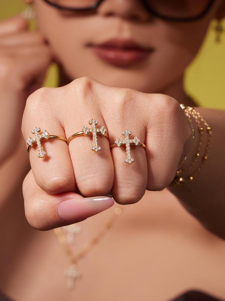Qiong Yao 5A Zirconia Cross Jewelry Set: 18K Gold-Plated Earrings, Bracelet, Ring, Pendant, and Clavicle Chain