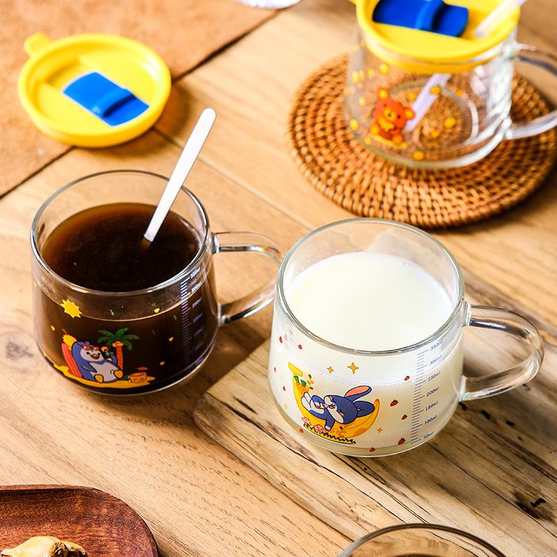 Home Office Coffee Cup with Lid Glass 350ml Cartoon Cute Water Cup with Straw Milk Double Drink Cup