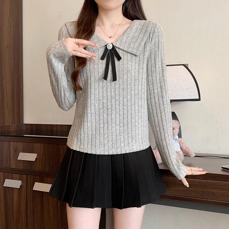 Tie Sweet Doll Collar Bow Tie Sweater, Spring, Autumn and Winter Skinny Cover Up Meat with Long Sleeve Tops, Knitted Inner Ladies Tops
