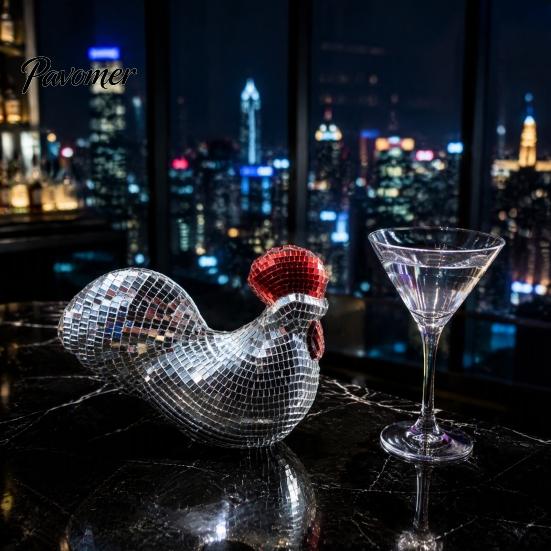 Eye Catching Desk Accessories Disco Ball Rooster Figurine, Mirror Mosaic Tabletop Ornament, Unique Retro Art Decorative Style Statue Sculpture
