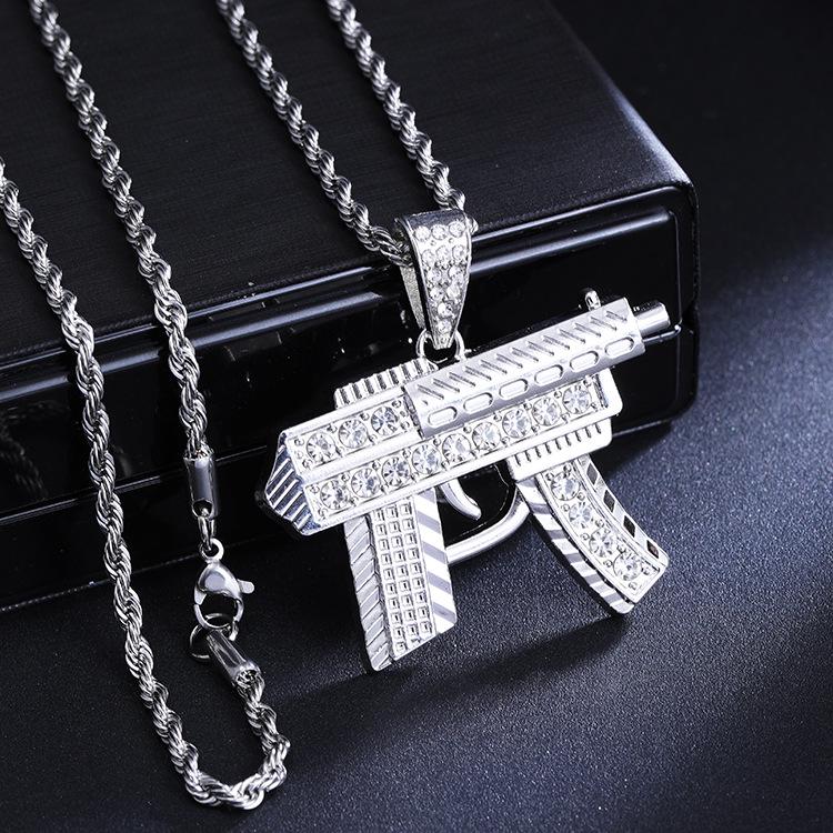 2026 Diamond-Inlaid Submachine Gun Pendant Necklace with European & American Style, Stainless Steel Twist Sweater Chain