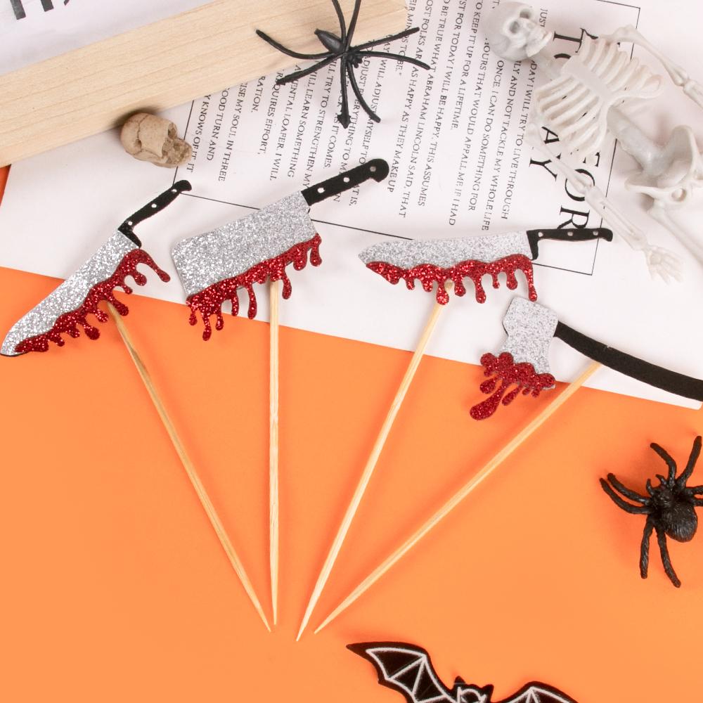12/24pcs Glitter Bloodstain Knife Cupcake Topper Halloween Cake Decor Halloween Party Decoration Food Baking Bread Fruit Picks