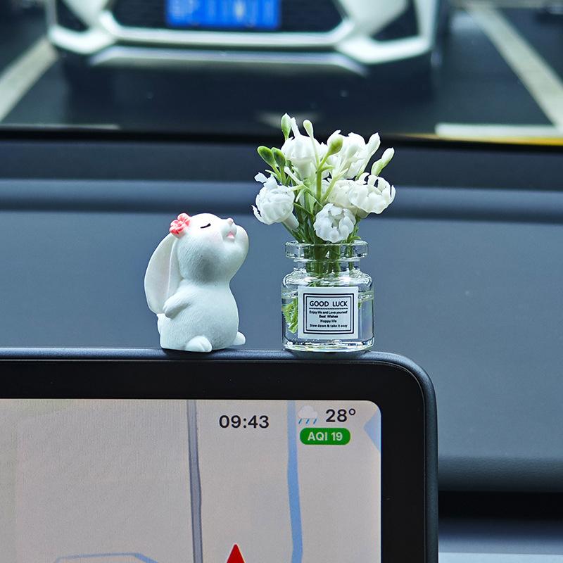 1 Set New Car Healing Doll Ornaments Cute Mini Vase And Rabbit Car Center Console Window Decoration