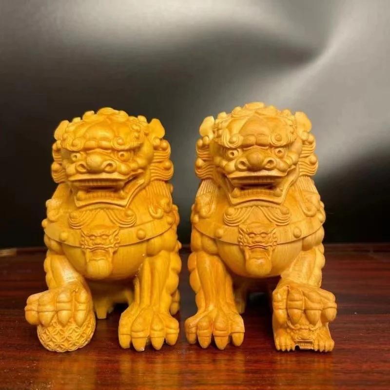 Solid Wood Carving Decorative Ornaments of Forbidden City Lion  Handmade Home Lucky Mascot  Chinese Characteristic Figurines