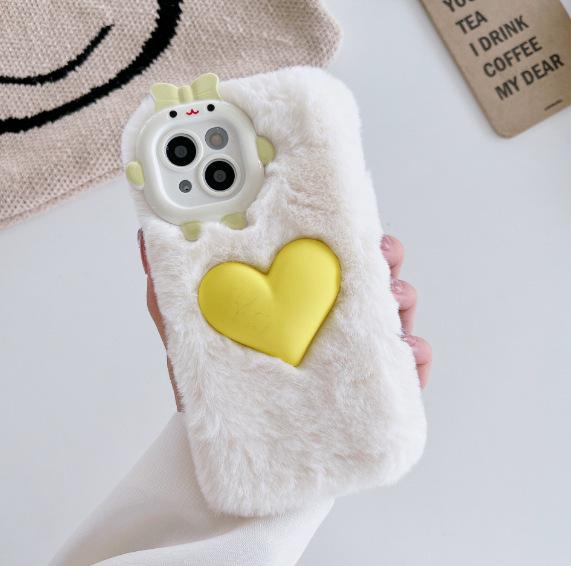 

Color Block Plush Heart Phone Case for iPhone 13/14/15 Pro Max - Cute Autumn/Winter Design iPhone 14 Plus грязно-белый