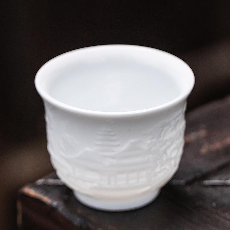 Handmade Tengwangge Pavilion Relief White Porcelain Tea Cup Chinese Gongfu Tea Set Personal Tea Cup Ceramic Gift for Tea Lovers