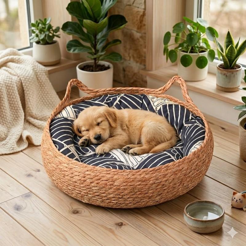 Natürliches gewebtes Katzenbett Winter Ganzjahres-Rundes Haustiernest Kleine Mittlere Große Katzen Mit Kissen Kühlmatte