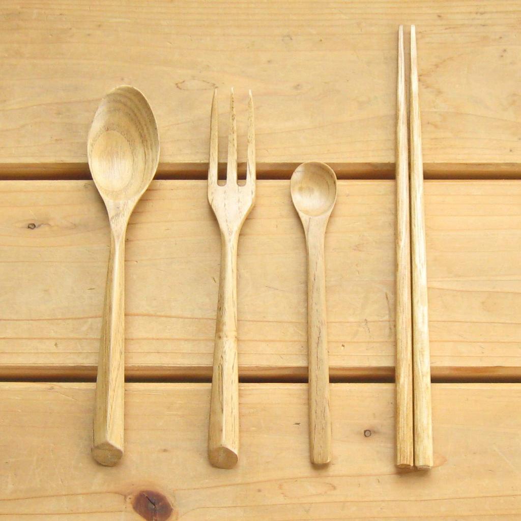 Nagao Chestnut Wood Dinner Cutlery Set and Chopsticks (4 Pieces) Spoon, Fork,