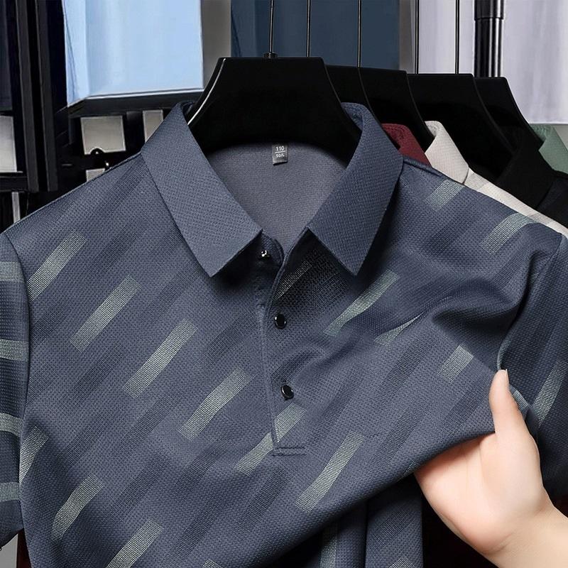Polo a righe da uomo a maniche corte, top casual da lavoro, traspirante, in seta ghiacciata