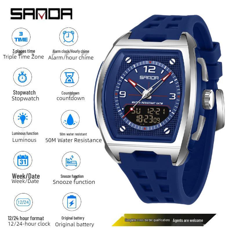 Sanda Men's Sports Barrel-Shaped Luminous Countdown Watch with Triple Time Zone and Dual Display, Waterproof Design.