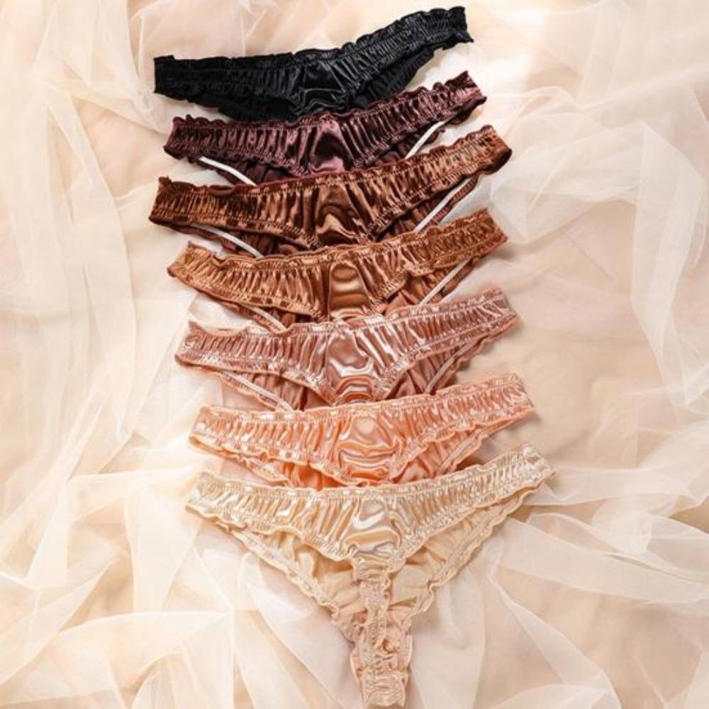 Kadınlar İçin Seksi Düşük Bel Saten G-String Külotlar Sevimli Fırfır Kenarlı Pürüzsüz İpeksi T Sırt İç Çamaşırı