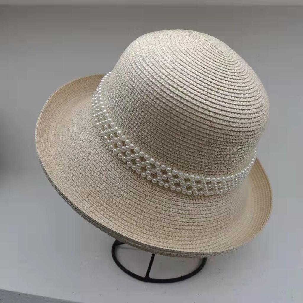 Designer Elegant Pearl Rims Fisherman Hat Fashion Socialite Retro Straw Hat Summer Sun Block Fisherman Hat